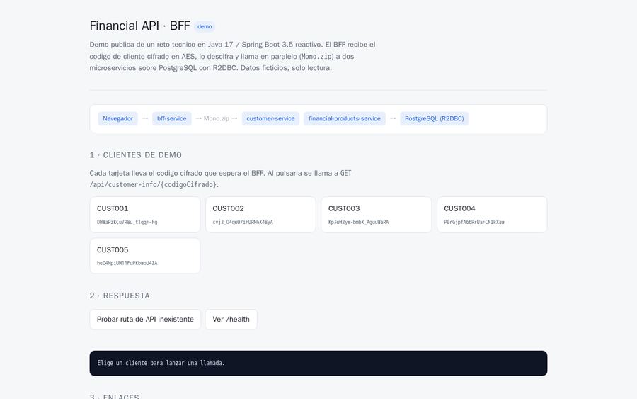 Página de la demo de la API financiera